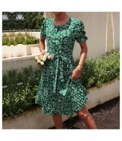 Short Sleeve Fashion Lace-Up Green Pleated Dress Wholesale Dresses SDN539042