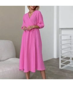 Loose Solid Color Tie Slit Comfortable Temperament Casual Dress Wholesale Dresses N4623070600026