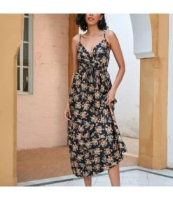 Printed Sling Nipped Waist Mid-Length Swing Floral Dress Vacation Wholesale Dresses SDN533573