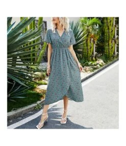 Sexy V Neck Rose Print Split Midi Dress Loose Casual Short Sleeve Wholesale Dresses SD55506