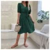 Tie-Up V Neck Green Pleated Dress Wholesale Dresse SDN538885