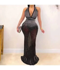 Rhinestone Halterneck Backless Deep V Neck Floor Length Wholesale Prom Dresses SD55521