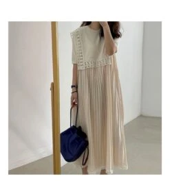 Retro Lace Stiching Pleated Hem Casual Loose Midi Dress Short Sleeve Wholesale Dresses SD204473