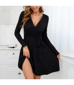 Women Lace Patchwork Long Sleeve V Neck Wholesale Black Dresses SDN580802