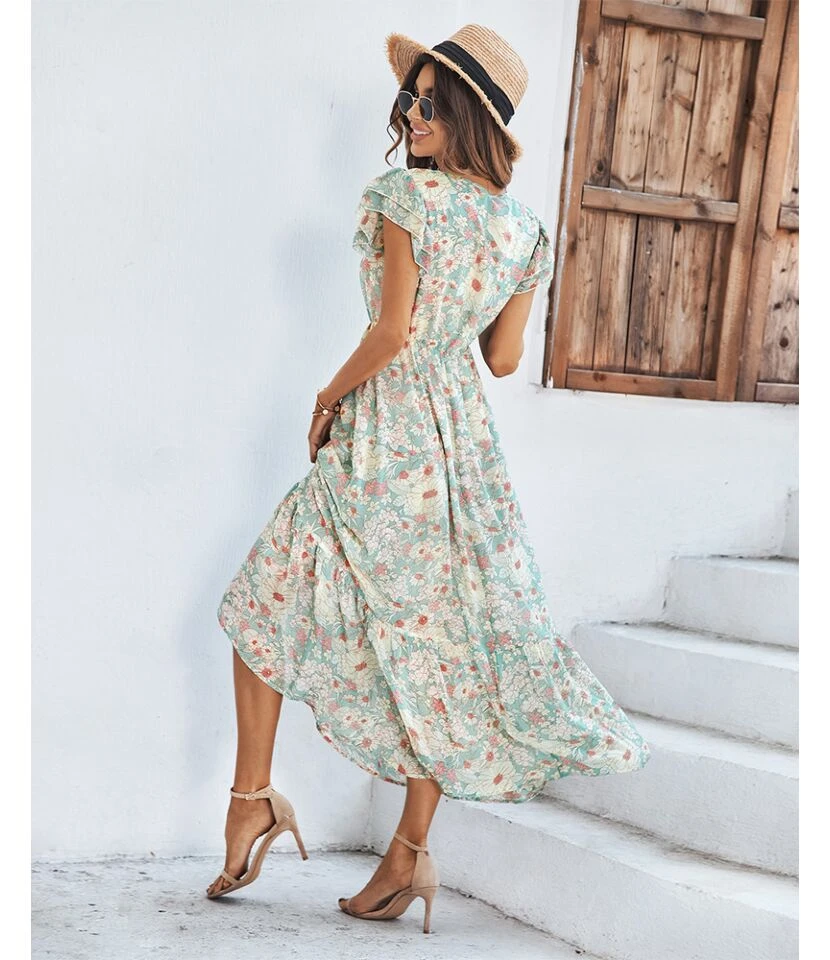 Floral Print Frill Sleeve V Neck Nipped Waist Mid-Length Ruffled Flowy Dress Casual Wholesale Dresses SDN533131 - Image 4