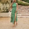 Elegant Sleeveless Floral Print Hanging Neck High Split Long Dress Wholesale Dresses V5923041200031