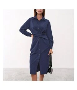 Fashion Long Sleeve Wrap Waist Slim Midi Shirtdress Wholesale Shirt Dresses SDN538648