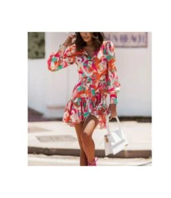 Geometric & Floral Print Womens Long Lantern Sleeve V Neck Tie-Up Waist Swing Ruffled Dress Wholesale Dresses SDN533184
