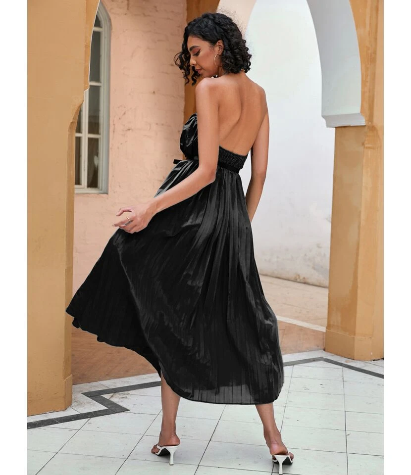Solid Color Halterneck Cutout Mid-Length Open Back Swing Pleated Dress With Belt Sexy Wholesale Dresses SDN533124 - Image 10