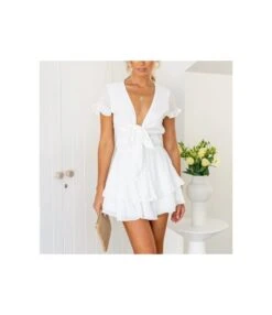 Solid Color Lace-Up V-Neck Layered Ruffled Dress Wholesale Dresses SDN535553