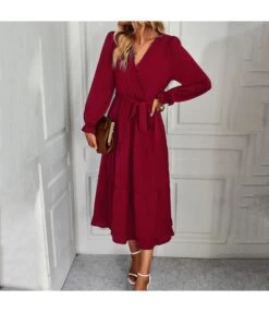 Solid Color Tie-Up Waist Long Sleeve Midi Smocked Dress Wholesale Dresses SDN537199