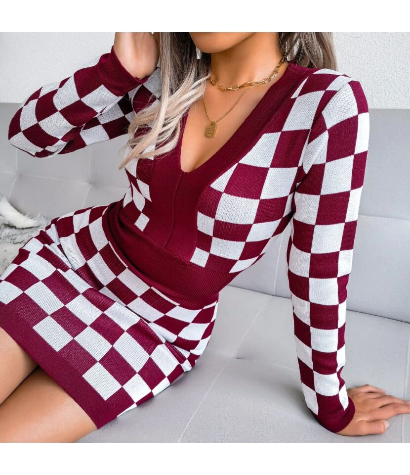 Sexy Knitted Dress Women V-Neck Plaid Printing SD162181 - Image 3
