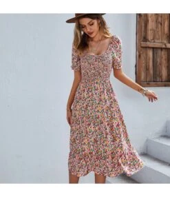 U-Neck Floral Print Hem Wholesale Dresses In Bulk SD183179