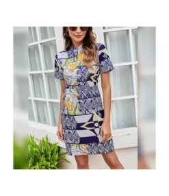 Summer Short Sleeve Fashion Printed Pullover Wholesale Ladies Shirt Dress Casual SD183630