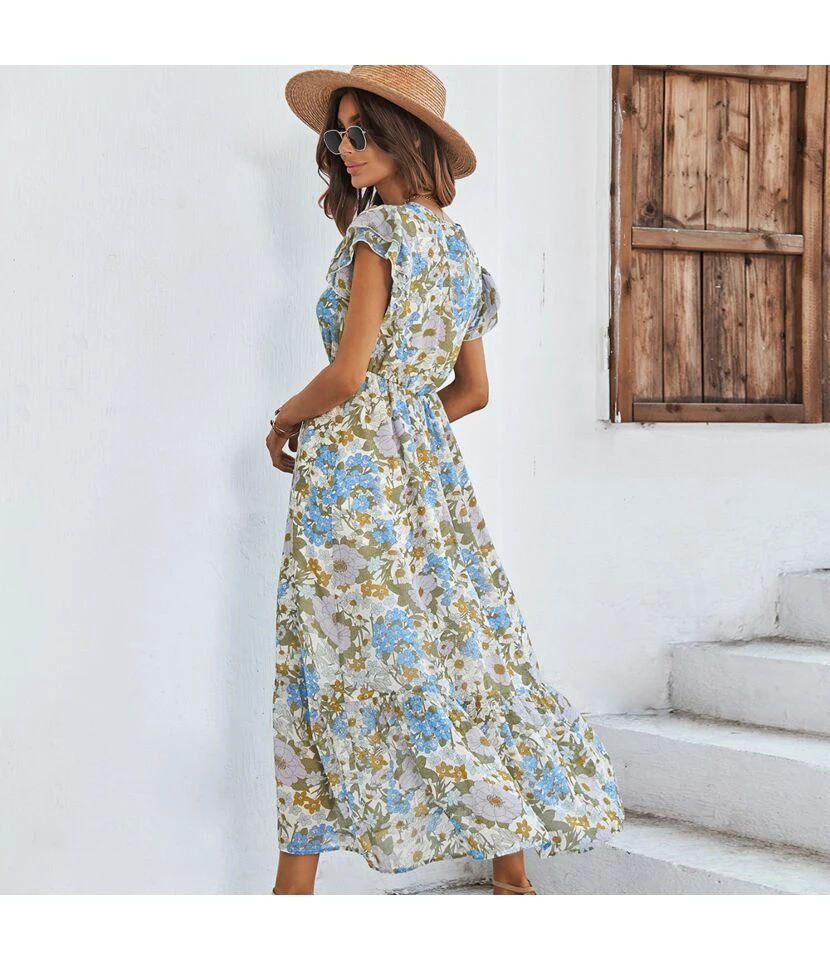 Floral Print Frill Sleeve V Neck Nipped Waist Mid-Length Ruffled Flowy Dress Casual Wholesale Dresses SDN533131 - Image 7